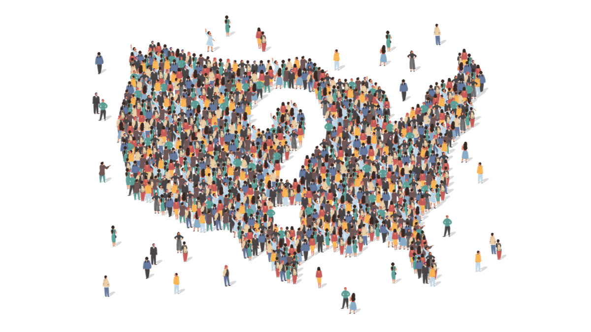 us country is at a crossroads concept vector illustration. usa map made of many people. map of united states of america with question mark in the center. group of people stay in formation